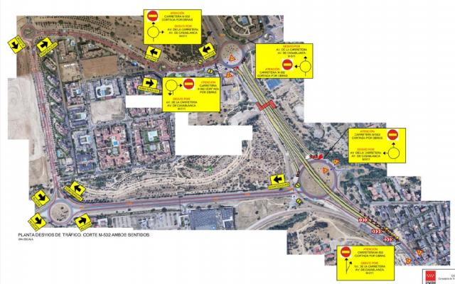 Cortes de tráfico nocturnos en un tramo de la carretera M-502 por obras de reparación en una de las pasarelas