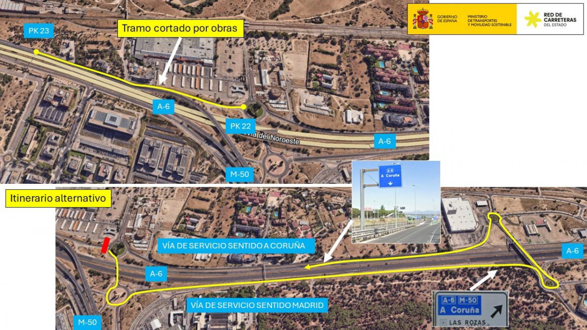
                                                    Cortes de tráfico en la A-6 a su paso por Las Rozas hasta el 9 de agosto: itinerarios alternativos